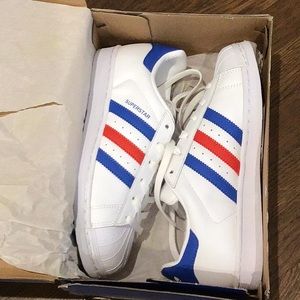 Adidas Superstar M 5.5/W 7.5 - White, Red, and Blue. Brand new in box.